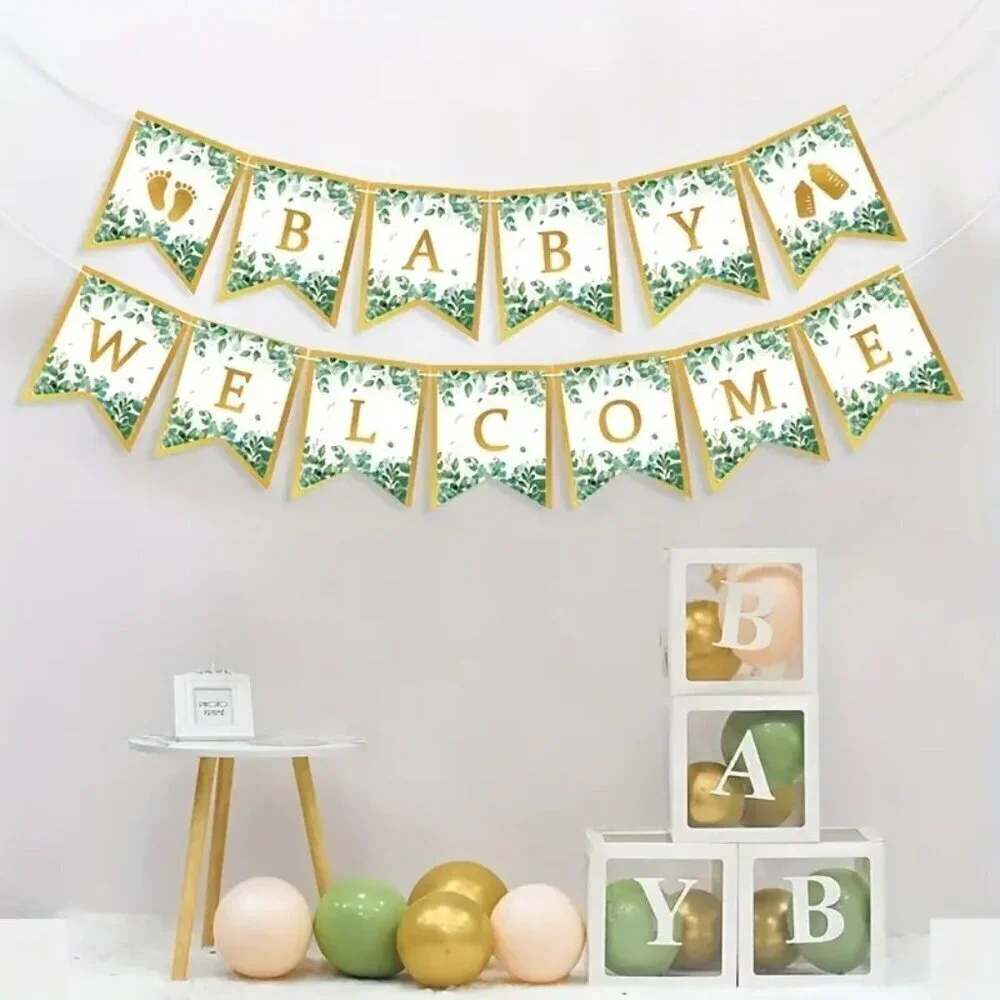 Baby Shower Banner Set - Welcome Baby Golden Foil Pennant Flags